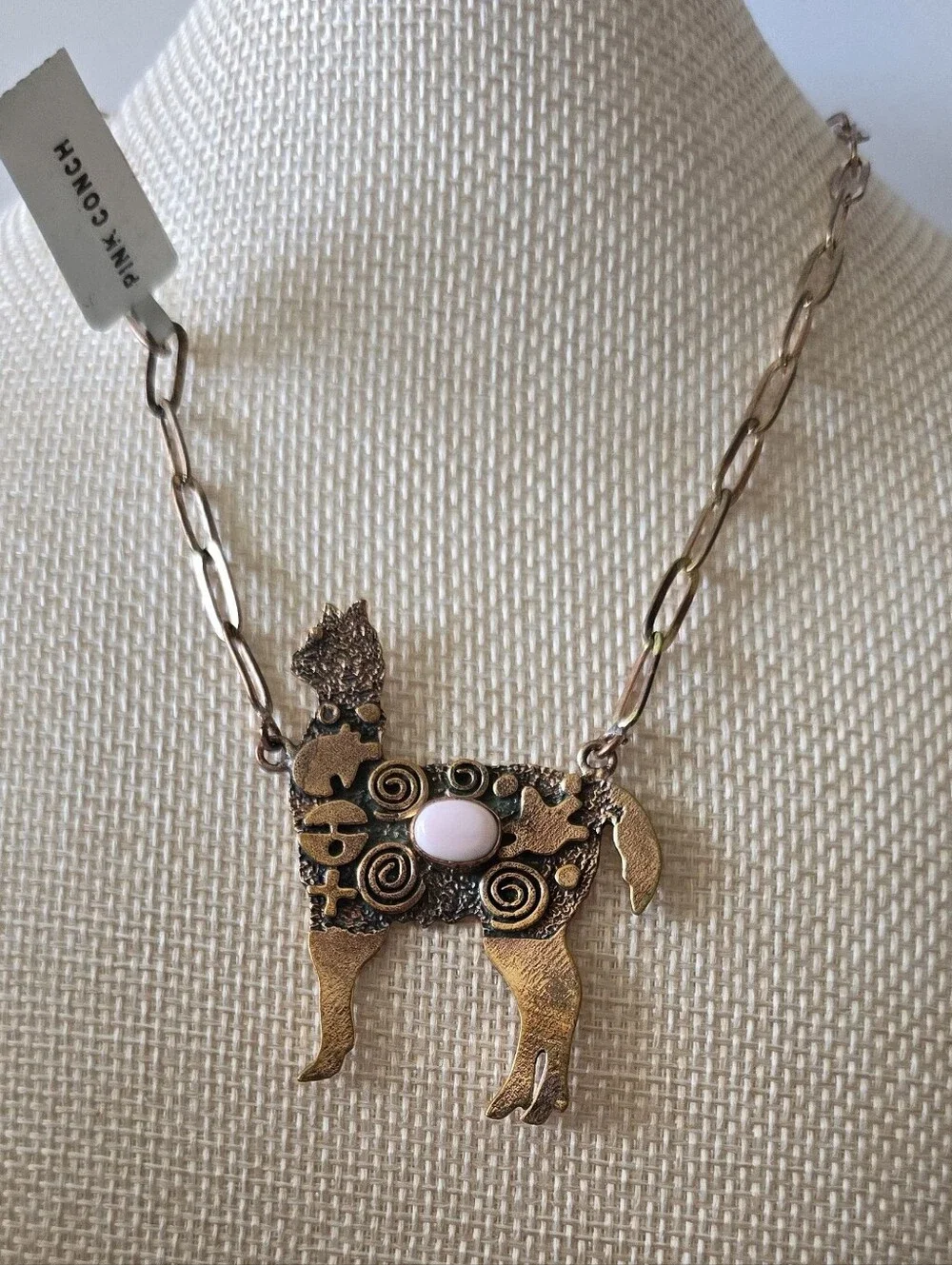 Llama Pendant Necklace With Pink Conch, Copper, Southwestern